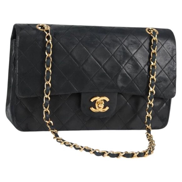CHANEL Matelasse 25 Double Flap Chain Bag Lamb Skin Black Gold CC Auth 123011 - Picture 1 of 14